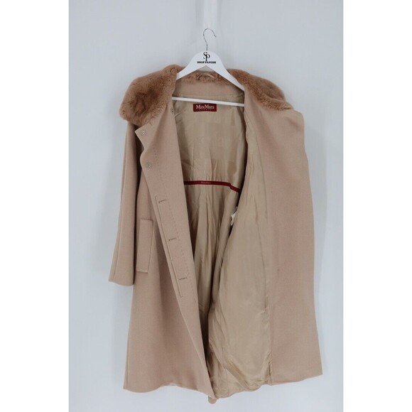 Max Mara Studio Women Size 6 Wool Tan  Fur Collar Lined Angora Trench Coat - Picture 9 of 11